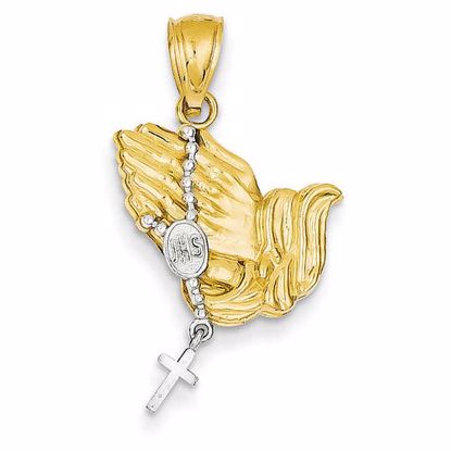D4350 Confirmation/Communion 14K Two-tone Rosary w/Dangling Cross & Praying Hands Oval Pendant
