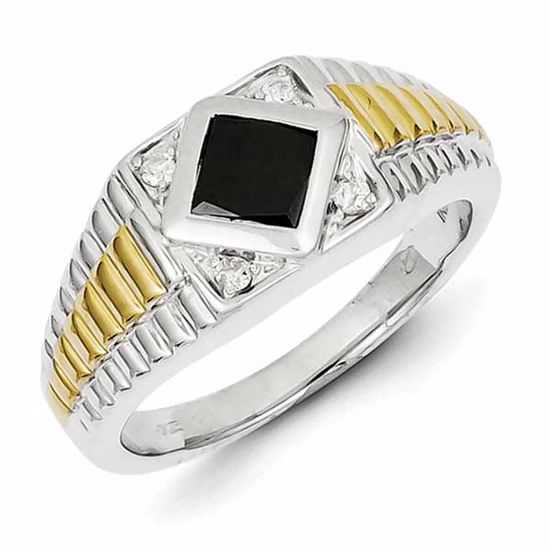 QR5564-9 White Night Sterling Silver w/ Gold Plating Black & White Diamond Mens Ring