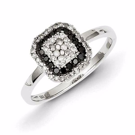 QR3300-8 White Night Sterling Silver Black and White Diamond Square Frame Ring