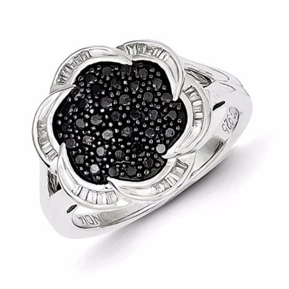 QR5422-7 White Night Sterling Silver Black Diamond Flower Ring