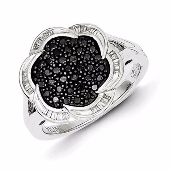 QR5422-8 White Night Sterling Silver Black Diamond Flower Ring