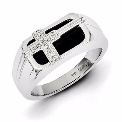 QR5552-9 Confirmation/Communion Sterling Silver Rhodium Plated Diamond Black Onyx Cross Men's Ring