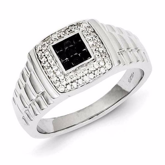 QR5481-11 Closeouts Sterling Silver Black and White Diamond Square Men's Ring