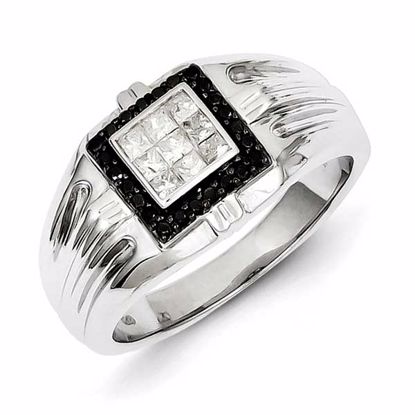 QR5483-11 Closeouts Sterling Silver Rhodium Plated Black and White Diamond Men's Ring