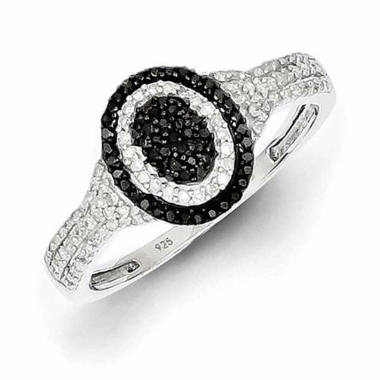 QR5374-7 White Night Sterling Silver Black and White Diamond Oval Ring