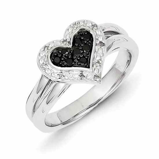 QR5339-8 White Night Sterling Silver White & Black Diamond Heart Ring