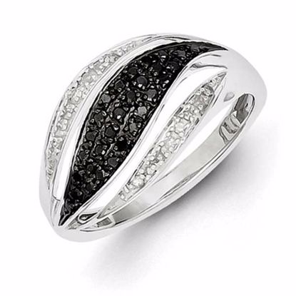 QR5439-8 White Night Sterling Silver Black and White Diamond Wave Ring