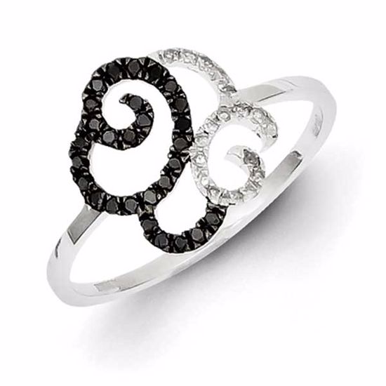 QR5448-8 White Night Sterling Silver Black and White Diamond Swirls Ring