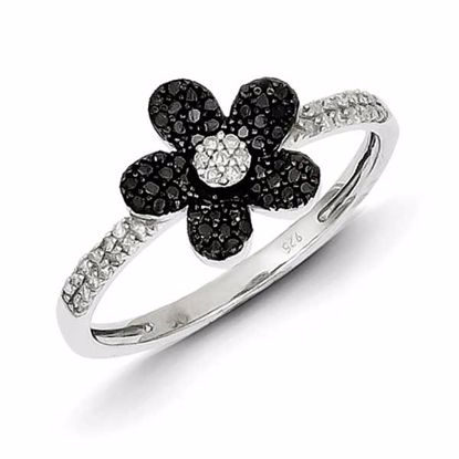 QR5419-8 White Night Sterling Silver Black and White Diamond Flower Ring