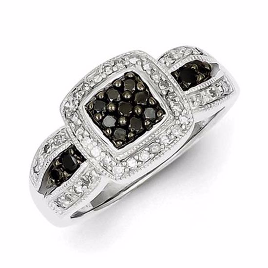 QR5392-8 White Night Sterling Silver Black Diamond Square Ring