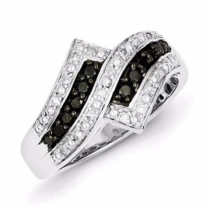 QR5432-7 White Night Sterling Silver Black Diamond Fancy Two Lined Ring