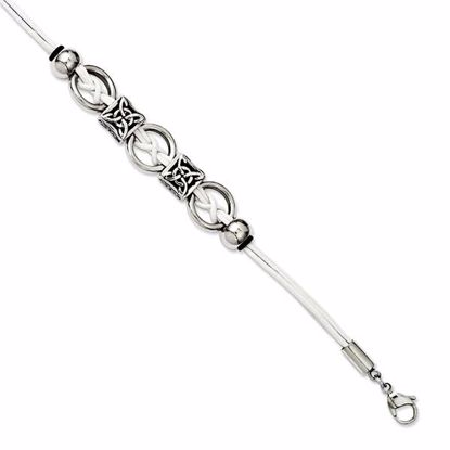 SRB1033-8.25 Celtic Stainless Steel White Leather w/Antiqued Beads 8.25in w/ext Bracelet