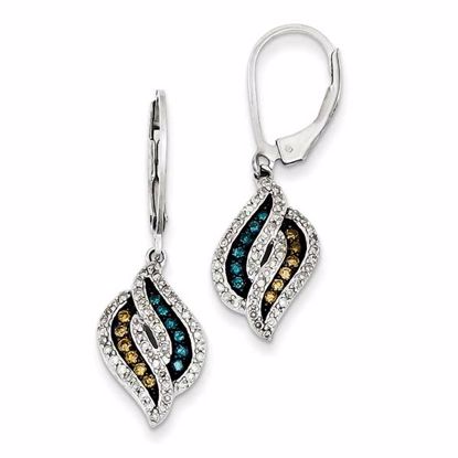 QE10702 White Night Sterling Silver White, Champagne & Blue Diamond Leverback Earrings