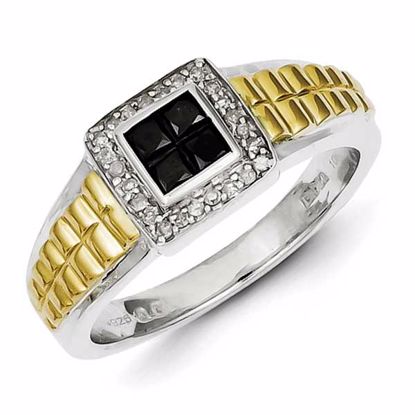 QR5569-9 White Night Sterling Silver and Gold Plated Black & White Diamond Square Men's Ring