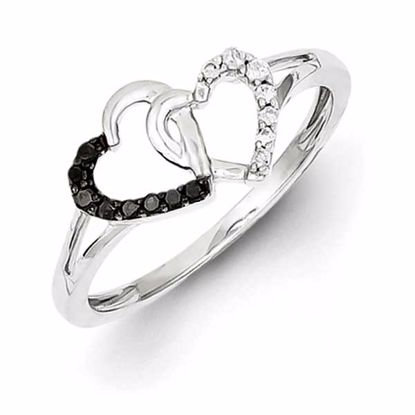 QR5348-7 White Night Sterling Silver Black and White Diamond Double Heart Ring