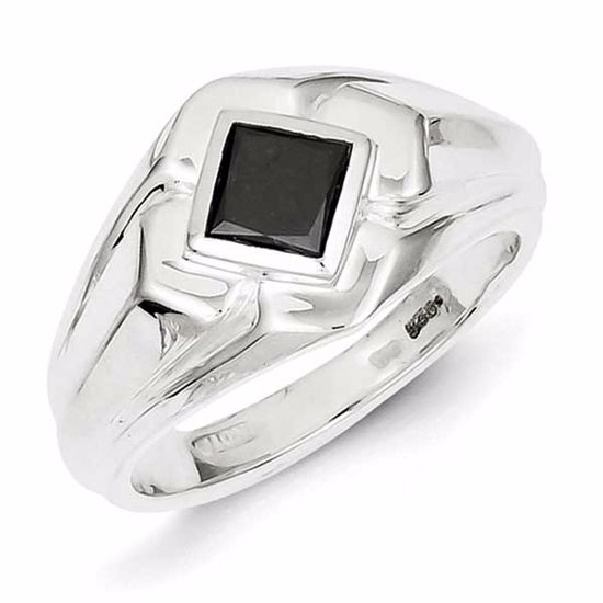 QR5498-10 White Night Sterling Silver Black Diamond Mens Ring