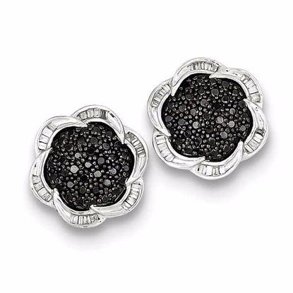 QE10893 Closeouts Sterling Silver Black Diamond Flower Post Earrings