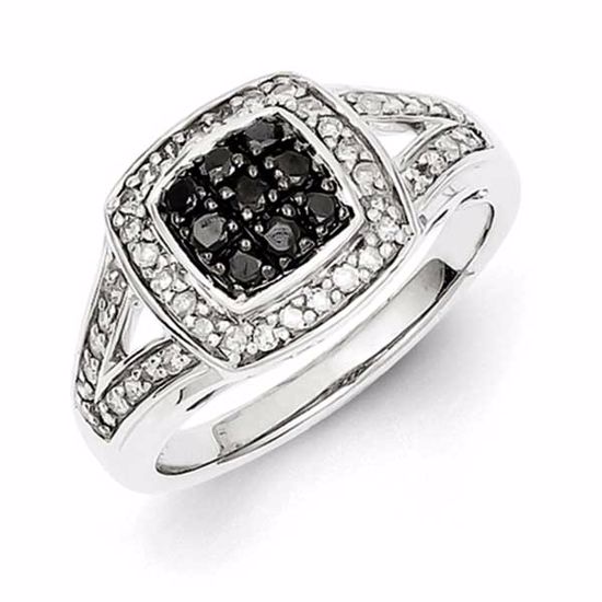 QR5399-8 White Night Sterling Silver Black Diamond Square Ring