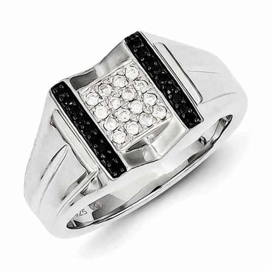 QR5496-11 White Night Sterling Silver Rhodium Plated Black and White Diamond Men's Ring