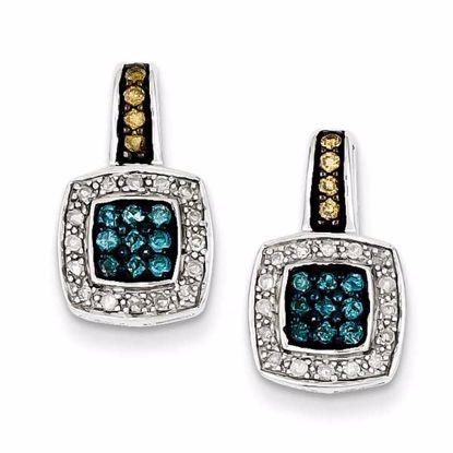 QE10706 White Night Sterling Silver White, Champagne & Blue Cluster Diamond Post Earrings