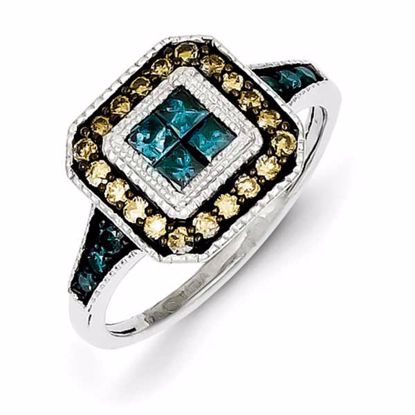 QR5154-8 White Night Sterling Silver Antiqued Square White, Champagne & Blue Diamond Ring