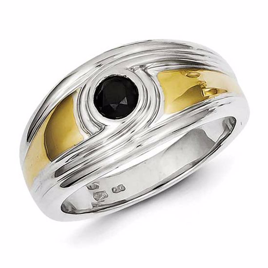 QR5566-9 White Night Sterling Silver w/ Gold Plating and Round Black Diamond Mens Ring