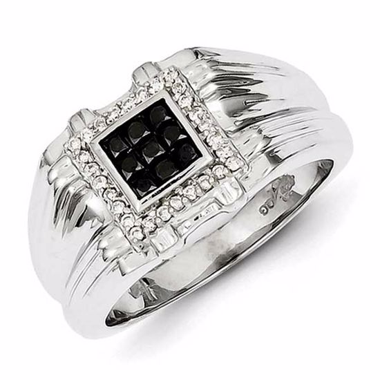 QR5516-11 White Night Sterling Silver Black and White Diamond Square Men's Ring