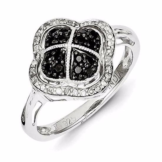 QR5414-6 White Night Sterling Silver Black Diamond Flower Ring