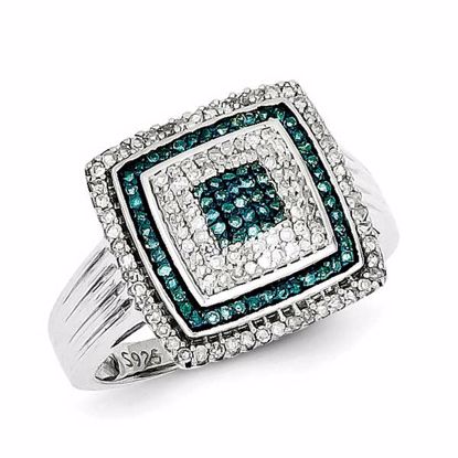 QR5218-6 White Night Sterling Silver Rhodium Plated Blue and White Diamond Square Ring