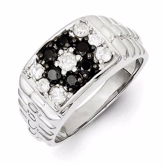 QR5579-11 White Night Sterling Silver Rhodium Plated Black and White Diamond Men's Ring