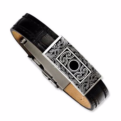 SRB1108-7.5 Chisel Stainless Steel Black Leather w/Decorative Accent 7.5in Bracelet