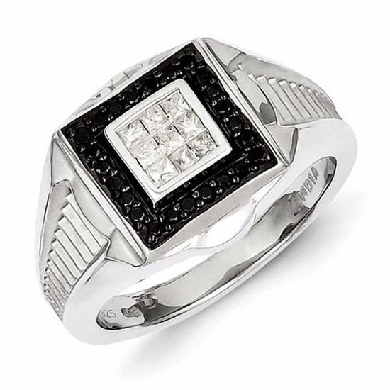 QR5492-9 Closeouts Sterling Silver Rhodium Plated Black and White Diamond Men's Ring