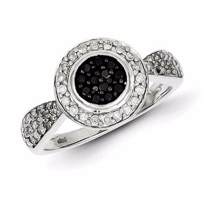 QR3305-7 White Night Sterling Silver Black and White Diamond Round Frame Ring