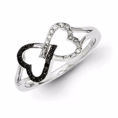 QR5351-7 White Night Sterling Silver Black and White Diamond Double Heart Ring