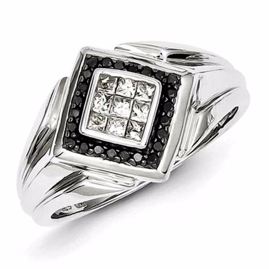 QR5471-9 Closeouts Sterling Silver Rhodium Plated Black and White Diamond Men's Ring