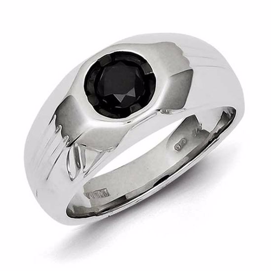 QR5524-9 White Night Sterling Silver Black Round Diamond Mens Ring