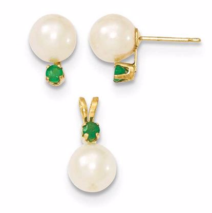 XF303SET Celtic 14k 7-8mm White FW Cultured Pearl & Emerald Stud Earrings & Pendant