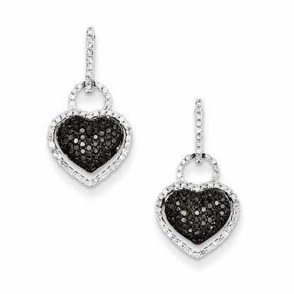 QE10818 Closeouts Sterling Silver Black and White Diamond Heart Post Dangle Earrings