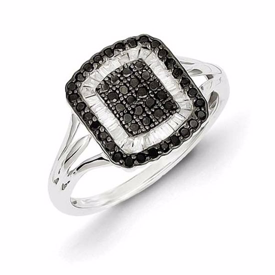 QR5411-6 White Night Sterling Silver Black and White Diamond Square Ring