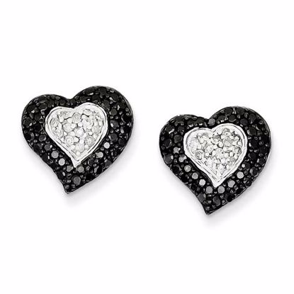 QE10820 Closeouts Sterling Silver Rhodium Plated Black & White Diamond Heart Earrings
