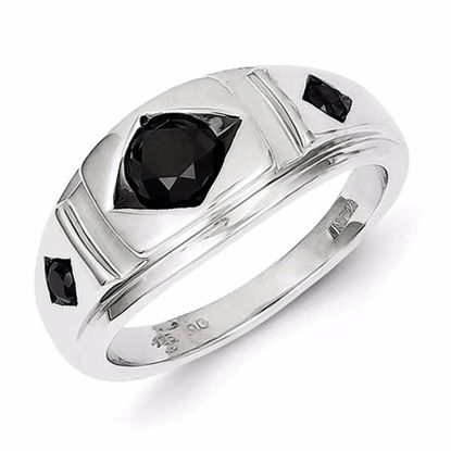 QR5525-9 White Night Sterling Silver Round Black Diamond Mens Ring