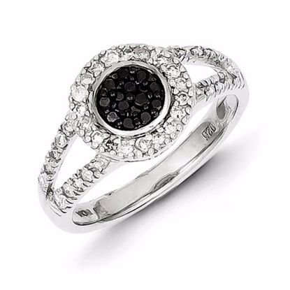 QR3309-8 White Night Sterling Silver Black and White Diamond Round Frame Ring