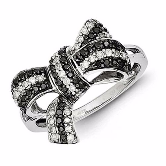 QR3233-8 White Night Sterling Silver Black and White Diamond Bow Ring