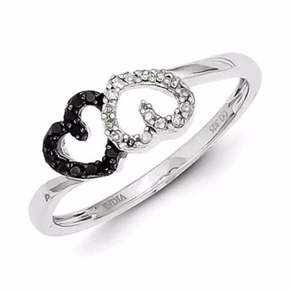 QR5345-8 White Night Sterling Silver Black and White Diamond Double Heart Ring