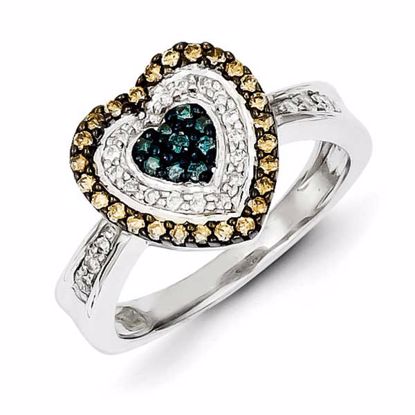 QR5153-8 White Night Sterling Silver White, Champagne & Blue Diamond Heart Ring