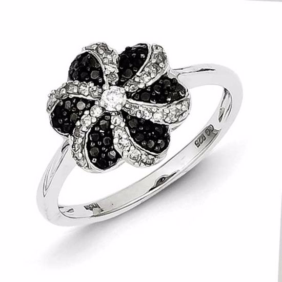 QR3302-7 White Night Sterling Silver Black and White Diamond Flower Ring