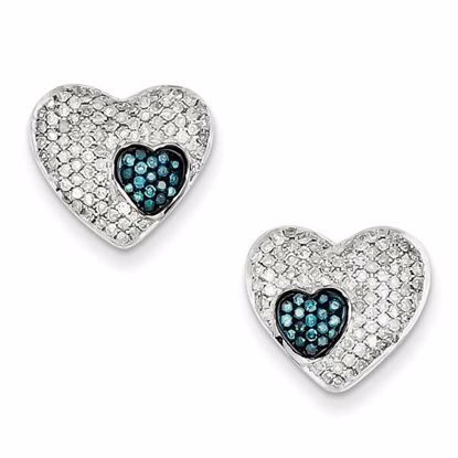 QE10721 Closeouts Sterling Silver Blue and White Diamond Heart Screw Back Post Earrings