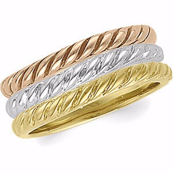 4205:4710:P 14kt Yellow, White & Rose Rope Design Stackable Band - Set of 3