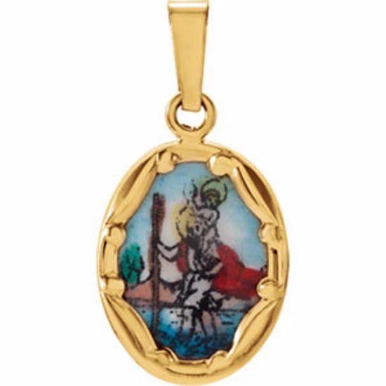 R16945:129590:P 14kt Yellow 13x10mm St. Christopher Hand-Painted Porcelain Medal