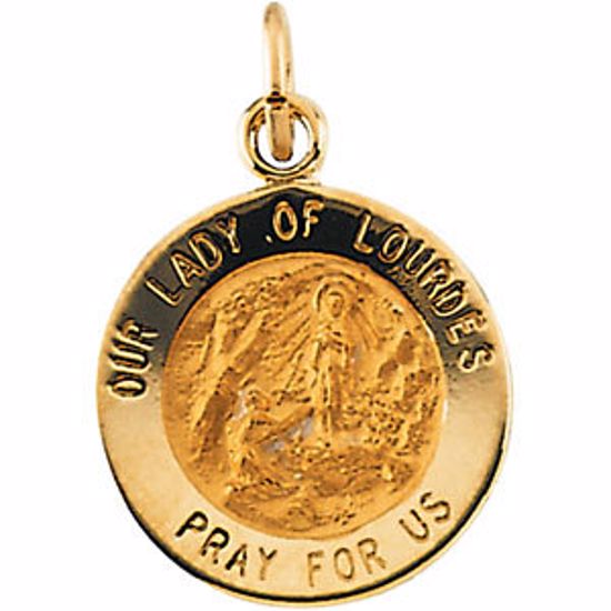 R5049:103852:P 14kt Yellow 12mm Round Our Lady of Lourdes Medal